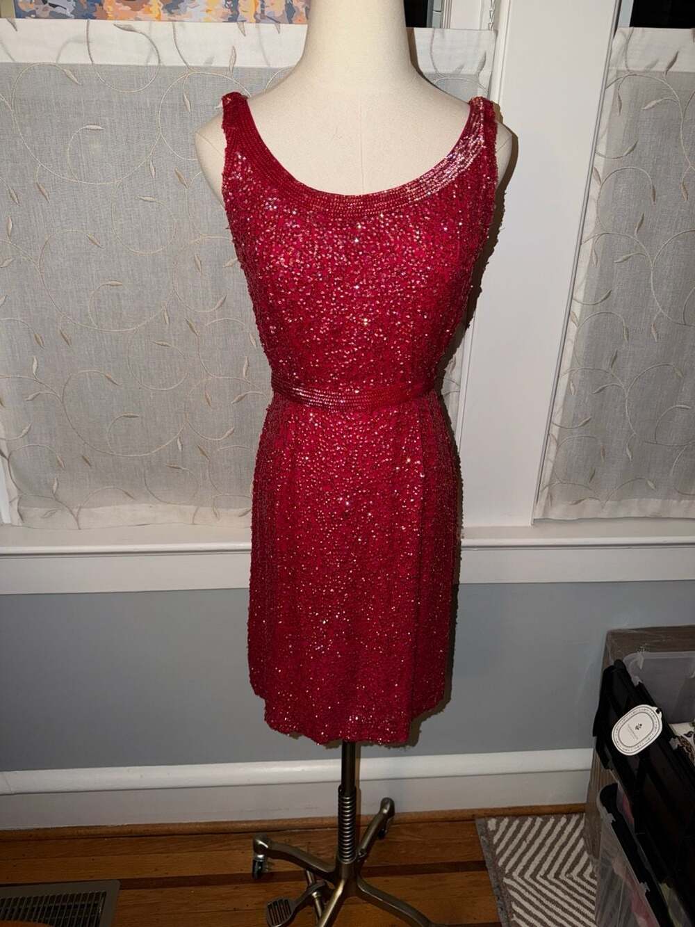 Vintage 1960s Red Sequin Beaded Cocktail Dress Made in Hong Kong